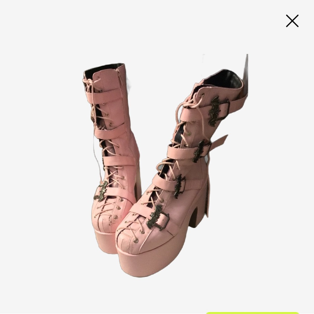 Goth pastel baby pink platform boot heels lace-up bat buckle calf length